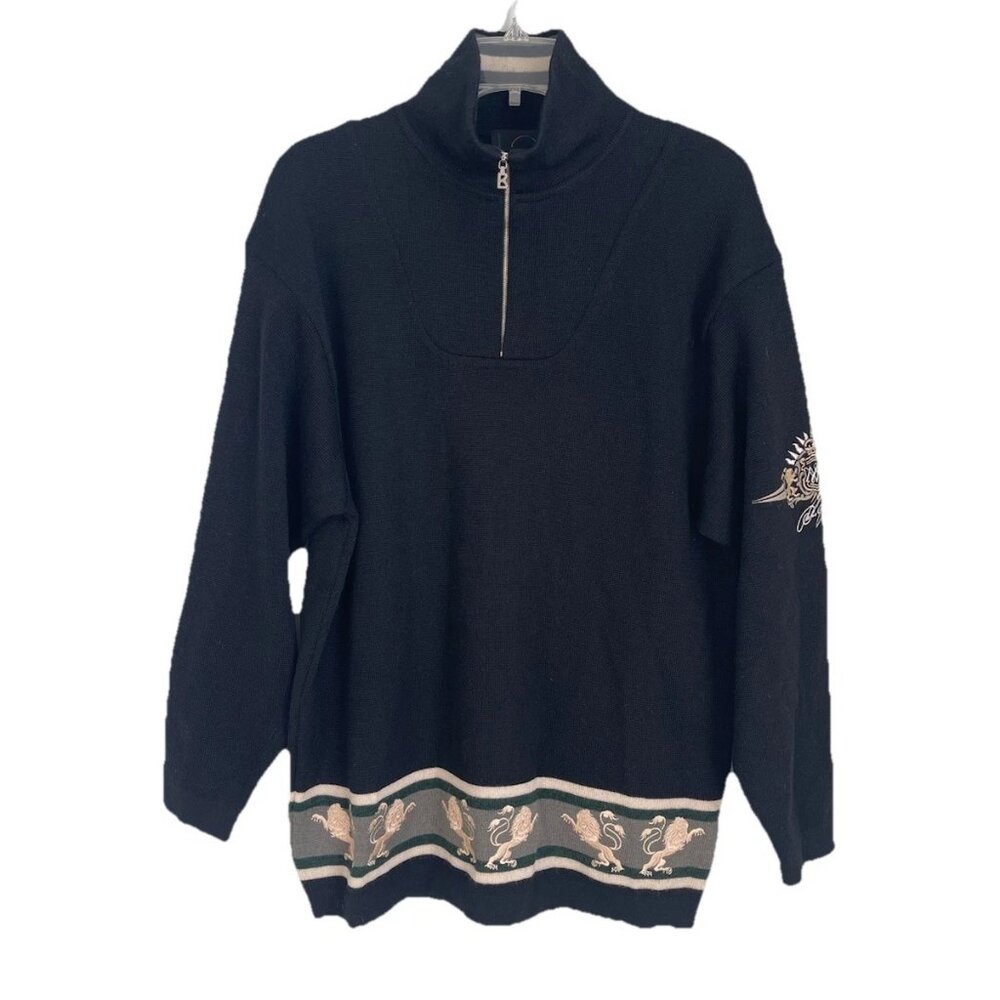 Bogner Vintage Black 100% Wool Embroidered Quarter Zip Sweater Lions Ski